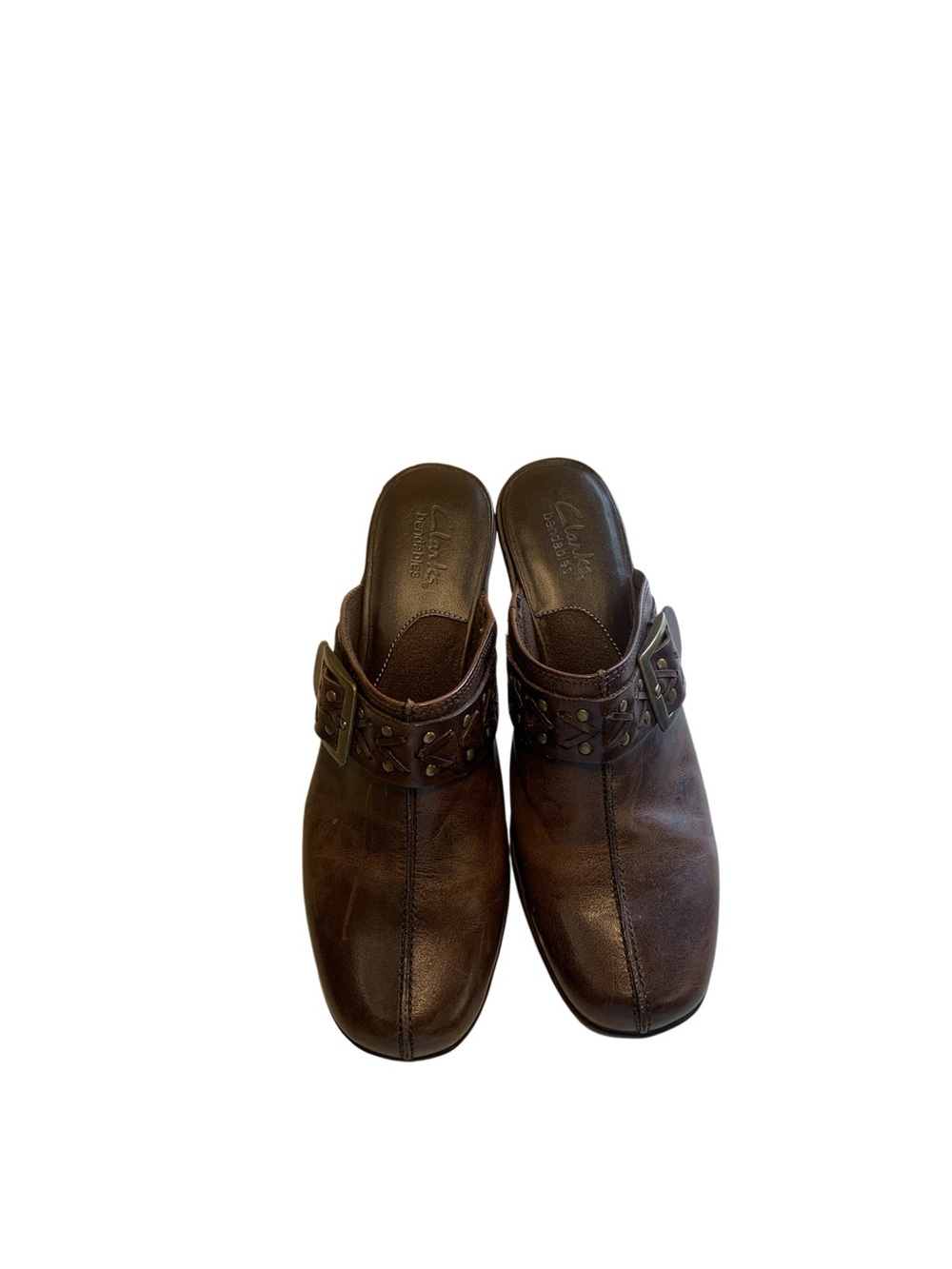 Clarks women’s Brown Leather Slip-On Buckle heels